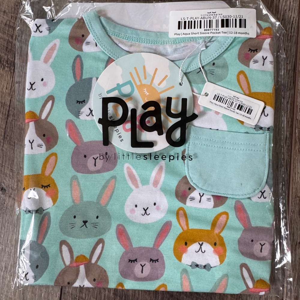 🐰 Little Sleepies Aqua Rad Rabbits Pocket Tee Short Sleeve Bamboo T Shirt 12-18